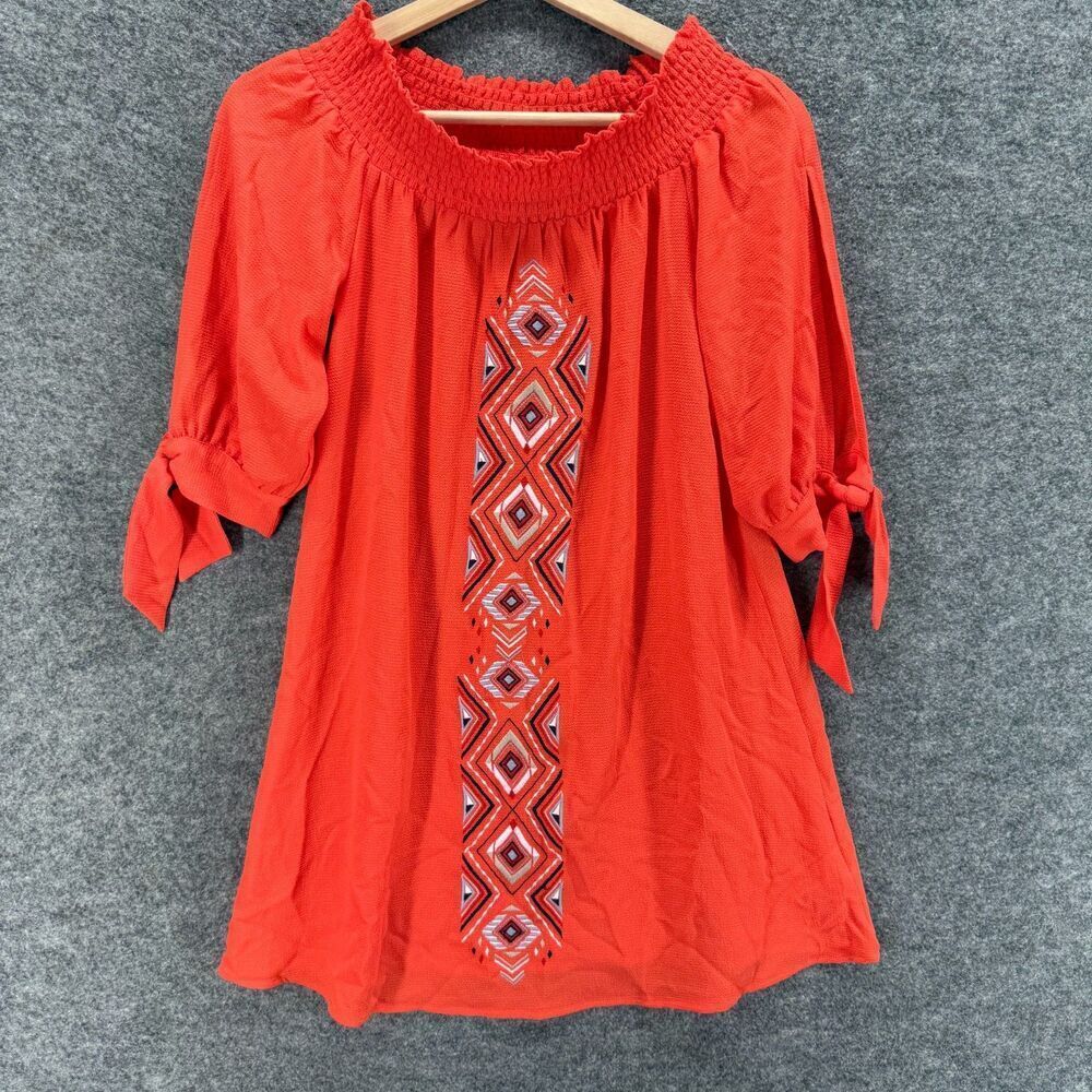 HeartSoul Blouse Women XS Red Geometric 3/4 Sleeve Round Neck Pullover Casual